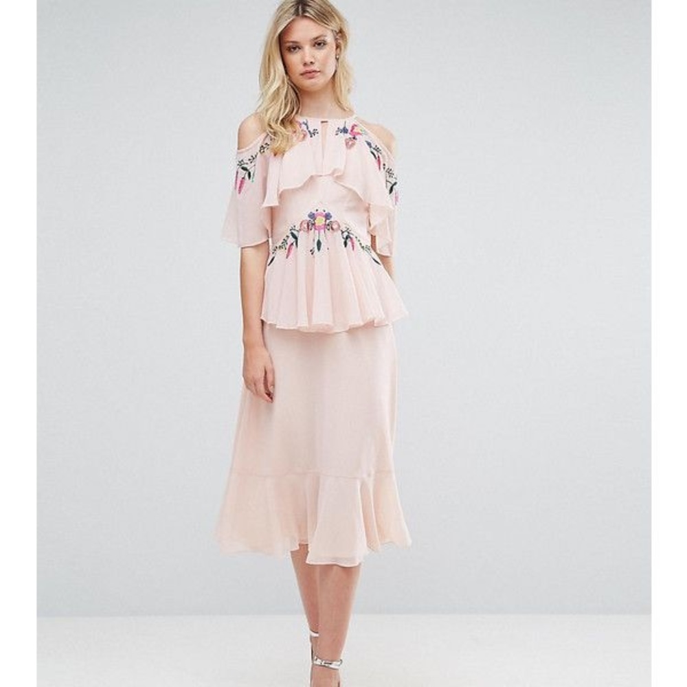 Embroidered Cold Shoulder Open Back Midi Dress